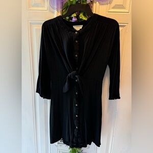 LOVE RICHE Front Tie Button Up Mini Dress Rayon 3/4 Sleeve Black sz M
